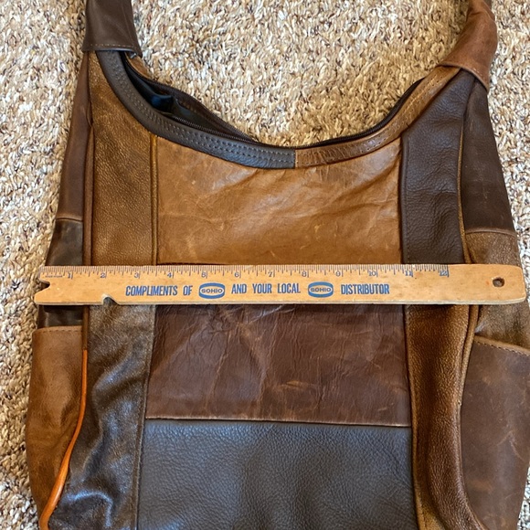 Genuine Leather Hobo Purse Adjustable Strap Brown Patchwork - Picture 6 of 9